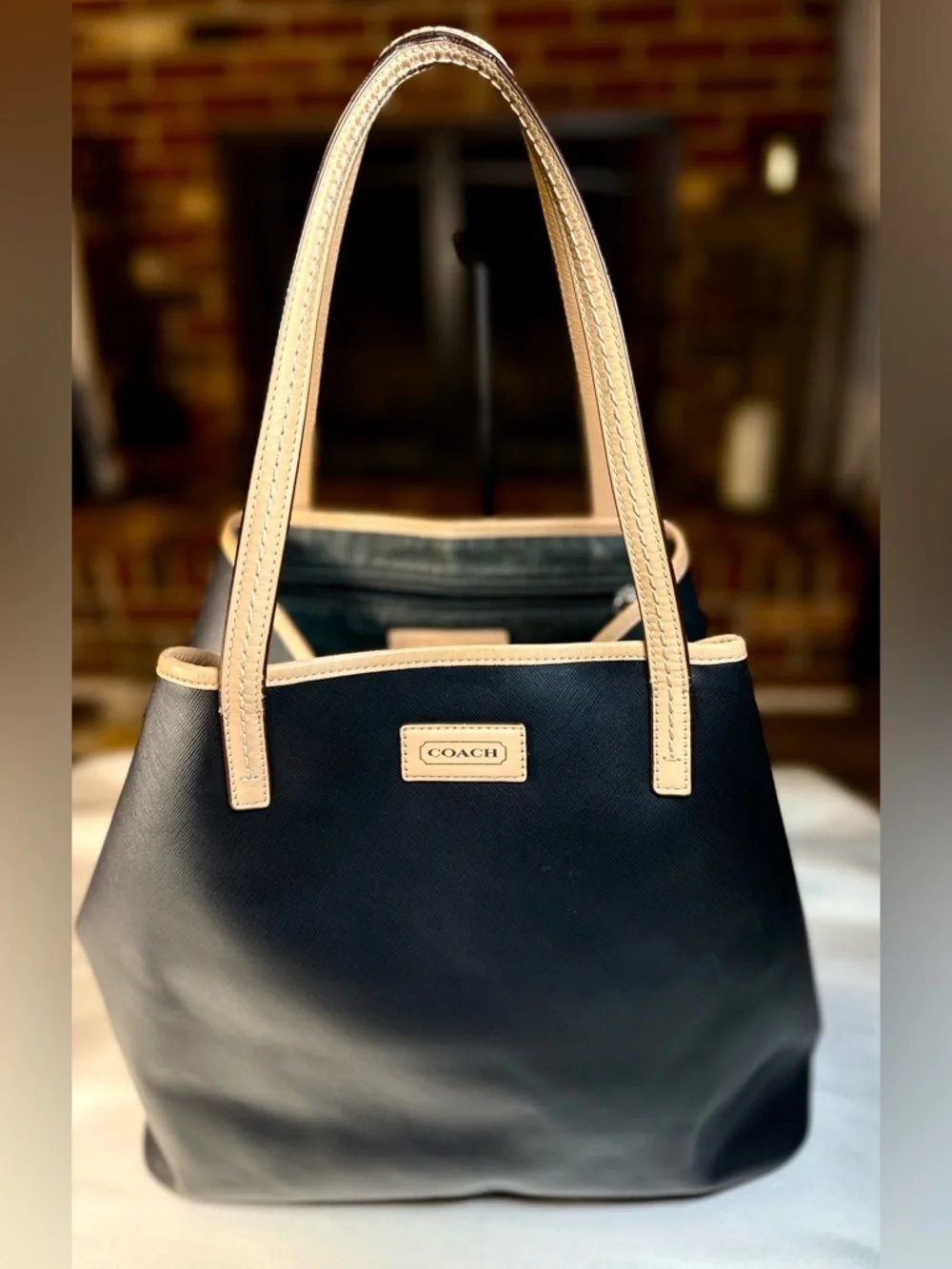 Coach Peyton Signature Tote in Black Canvas and Leather Tan Accents